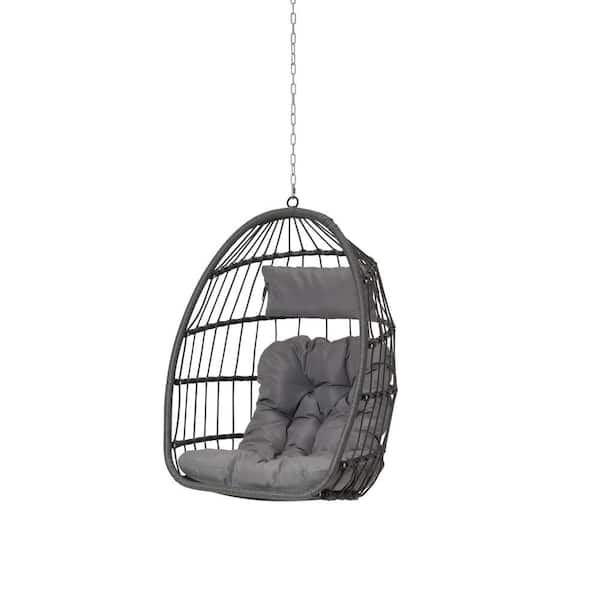 Cesicia Wicker Wood Porch Swing Outdoor Indoor Garden Rattan Egg Swing Chair Hanging Chair with Light Gray Cushions