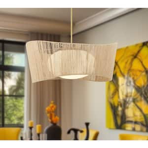 Key Largo 100-Watt 1-Light Soft Brass Shaded Pendant Light with Etched Opal Glass and Natural Rope Shade