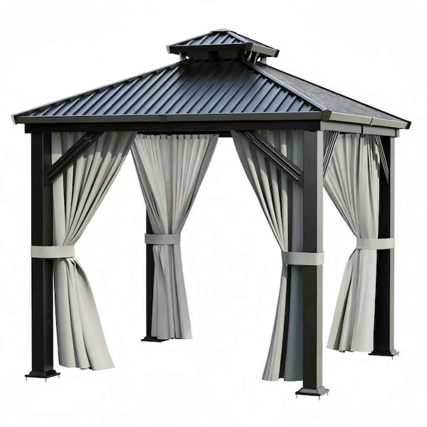 8 ft. x 8 ft. Heavy Duty Aluminum Frame Outdoor Gazebo, Galvanized Steel Double Roof Gazebo with Nettings and Curtain