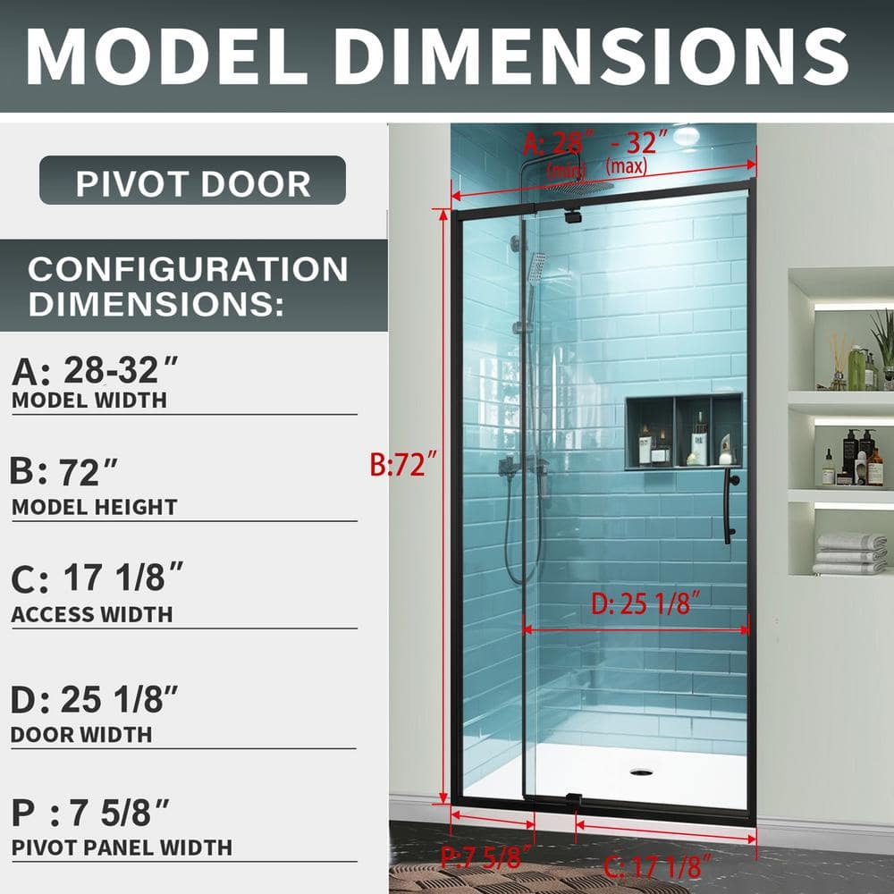 32 in. Matte Black Semi-Frameless Pivot Shower Door with Clear Glass