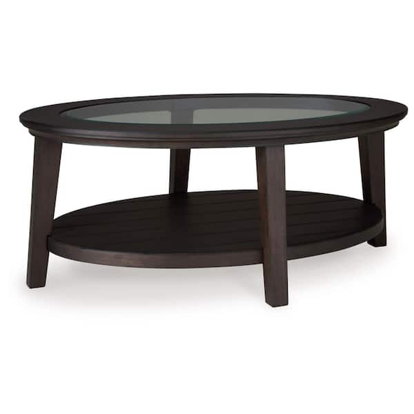 Signature Design By Ashley Celamar 48 in. Brown Oval Glass Coffee Table with Shelves