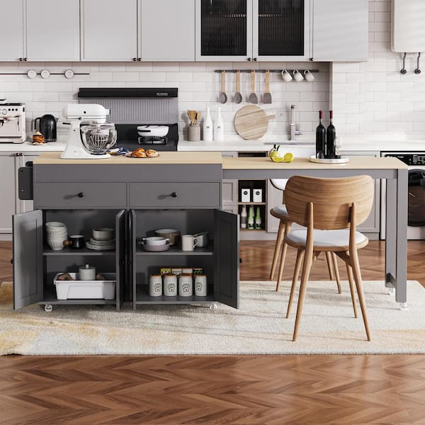Tenleaf Gray Wood Kitchen Island Kitchen Cart with Extendable Dining Table, Spice Rack and 2 Drawers