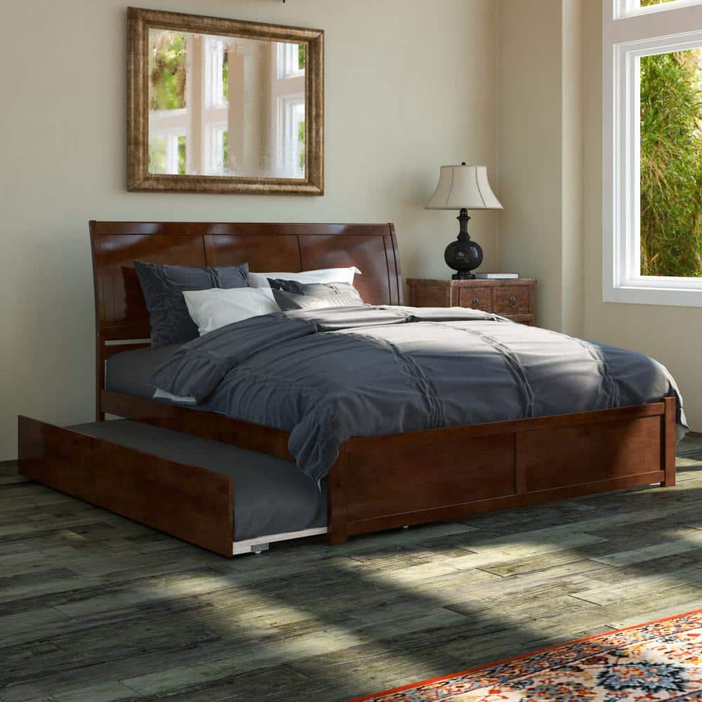 Walnut King Platform Bed with Trundle and Sleigh Headboard