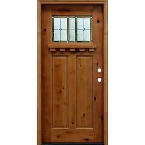 36 in. x 80 in. Craftsman Rustic 1/4 Lite Stained Knotty Alder Wood Prehung Front Door with Dentil Shelf