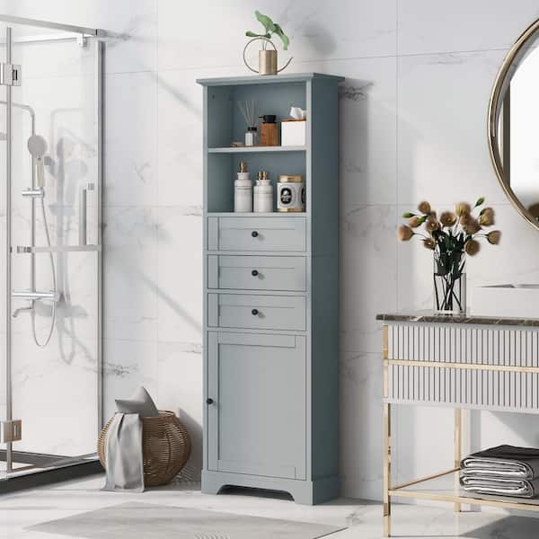 Bnuina 22 in. W x 10 in. D x 68.3 in. H Gray Freestanding Linen Cabinet with 3 Drawers and Adjustable Shelves in Gray