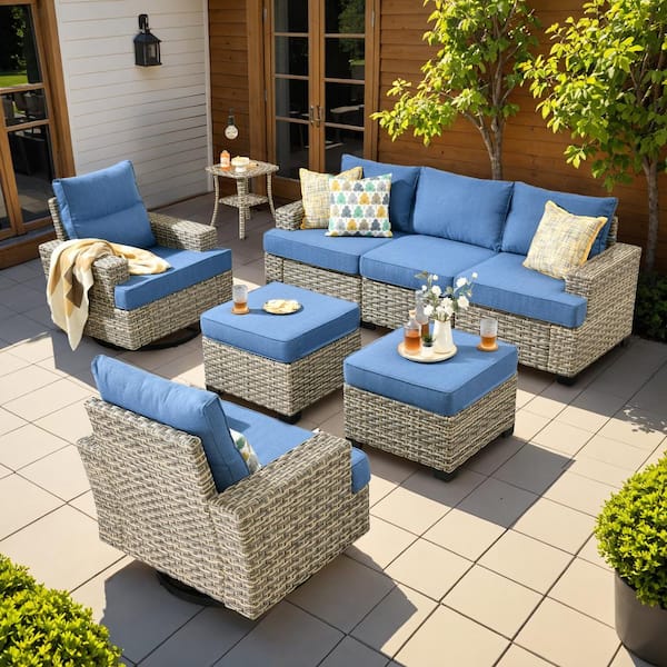 OVIOS Tiberte Gray 8-Piece Wicker Patio Conversation Seating Set with Diamond Blue Cushions and Swivel Chairs