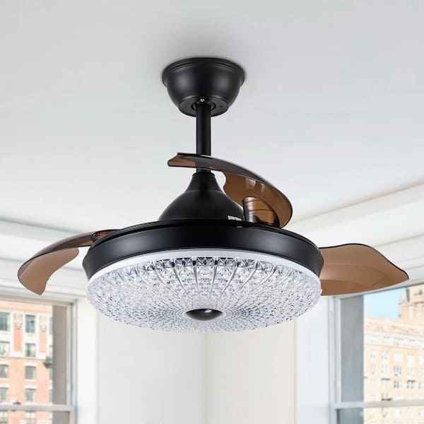 Oaks Aura Masano 36in. LED Black Indoor 3-Speed Glam Crystal Retractable Ceiling Fan With Light Remote Control Fandelier