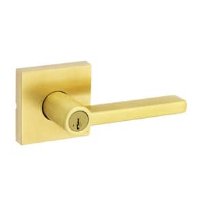Halifax Square Satin Brass Keyed Entry Door Lever Featuring SmartKey Security