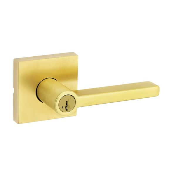 Kwikset Halifax Square Satin Brass Keyed Entry Door Handle Lever Featuring SmartKey Security