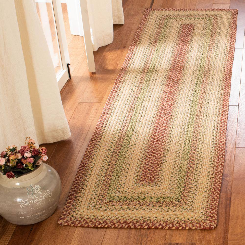 Handmade Braided Rust and Green Synthetic Runner Rug
