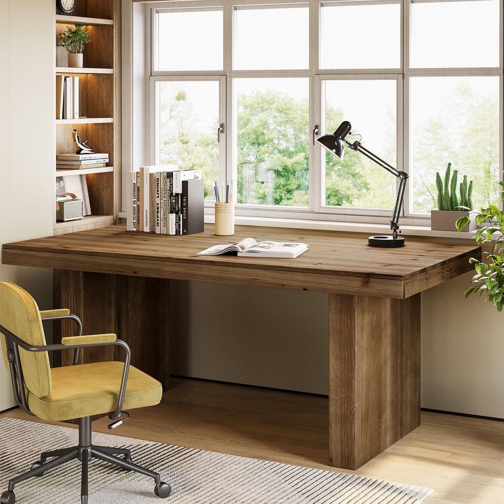 Moronia 63 in. Rectangular Dark Brown Solid Wood Executive Desk. Farmhouse Office Desk with Sturdy Legs