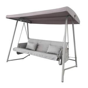 98.8 in. 3-Person Gray Metal Outdoor Patio Swing Chair Swing Bed with Cushion and Adjustable Canopy