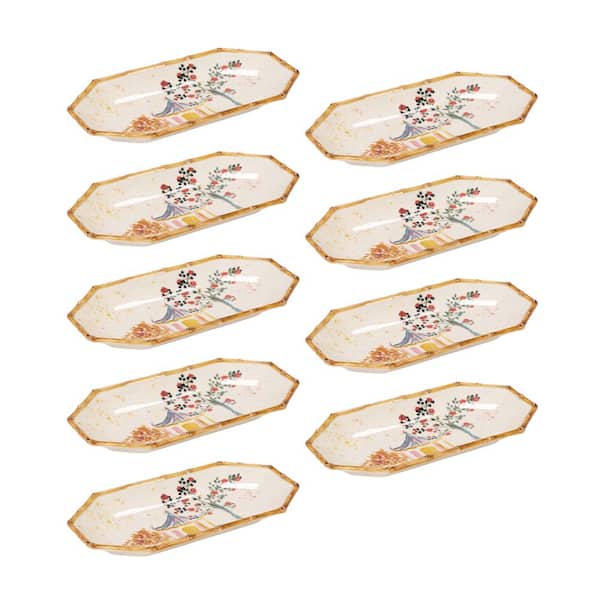 Multicolor Hand-Painted Stoneware Octagon Plates with House and Tree Design, Bamboo-Style Edge (Set of 9)