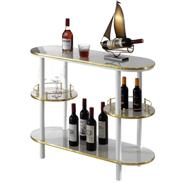 FABULAXE White Modern Display Wooden Console Bar with Tiered Open Shelves,  Mini Bar with Wine Storage  - The Home Depot