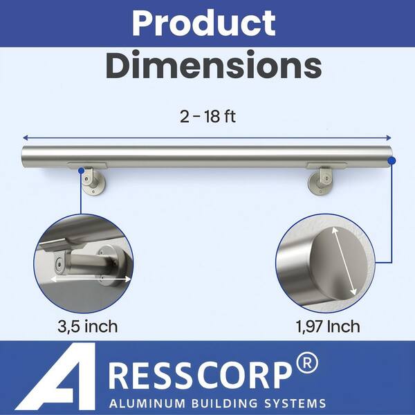 ELSA Anodized Aluminum Staircase Handrail – Inox Color, Stainless Steel Look, 10ft, USA Made
