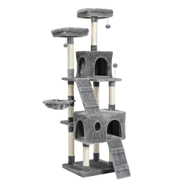 WELLFOR 69.3 in. H Cat Tree Cat Tower with Condo, Perch, and Dangling Ball in Gray