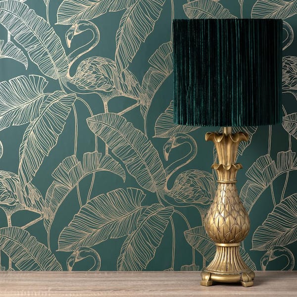 Mulholland Dark Green Flamingo Paper Wallpaper Sample