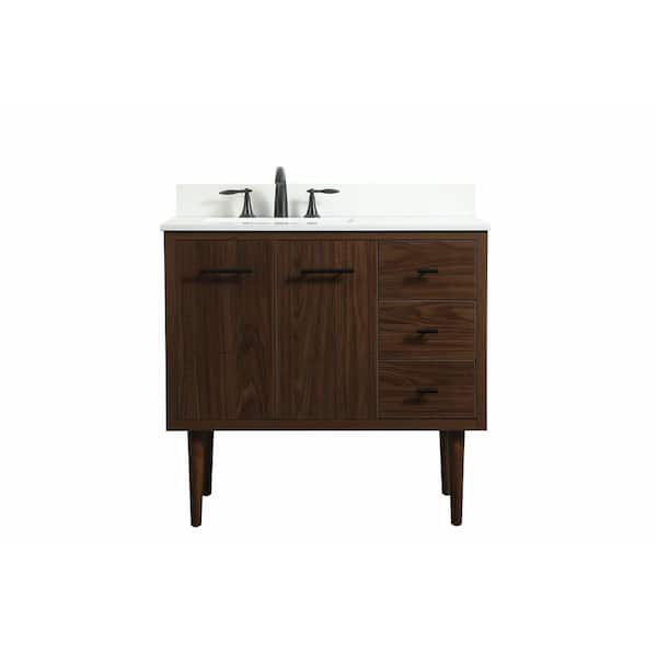 Unbranded Simply Living 36 in. W x 22 in. D x 33.5 in. H Bath Vanity in Walnut with Ivory White Engineered Marble Top