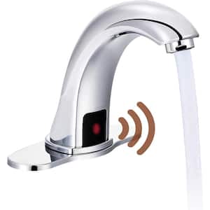 AC Powered Commercial Touchless Single Hole Bathroom Sink Faucet with Deck Plate and Cold and Hot Water Mixer in Chrome