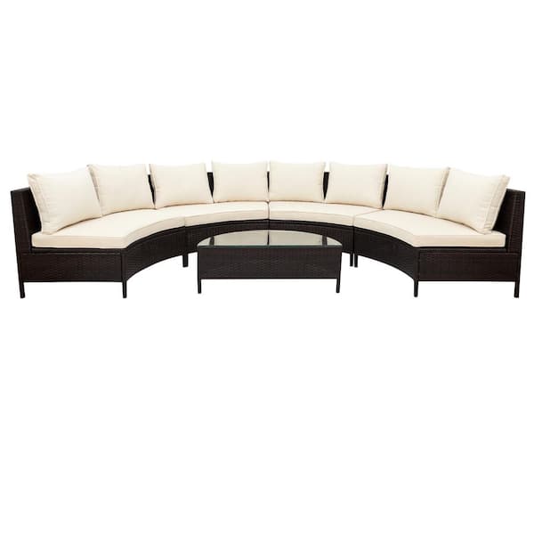 Unbranded 5-Piece Brown PE Rattan Wicker Outdoor Sectional Set with Half-Moon Tempered Glass Table, Beige Cushions
