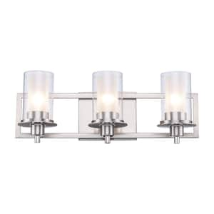 Brighton 22 in. 3-Light Brushed Nickel Bathroom Vanity Light Fixture with Frosted Inner Glass and Clear Outer Glass