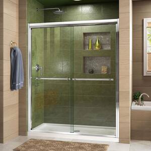 Duet 34 in. D x 60 in. W x 74.75 in. H Semi-Frameless Sliding Shower Door in Chrome with Center Drain Shower Base