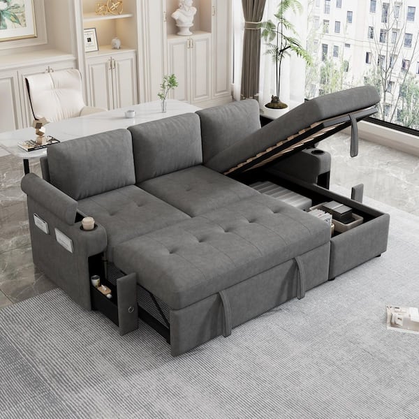 83.5 in. Convertible Square Arm Chenille L-Shaped Sofa in Gray with Ample Storage Space, 2 Cup Holders and 2 USB Ports