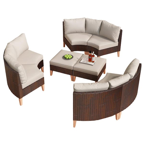 Pocassy Modular Sofa Collection - 8 Piece Brown Wicker Outdoor Conversation Set Sectional with CushionGuard Beige Cushions