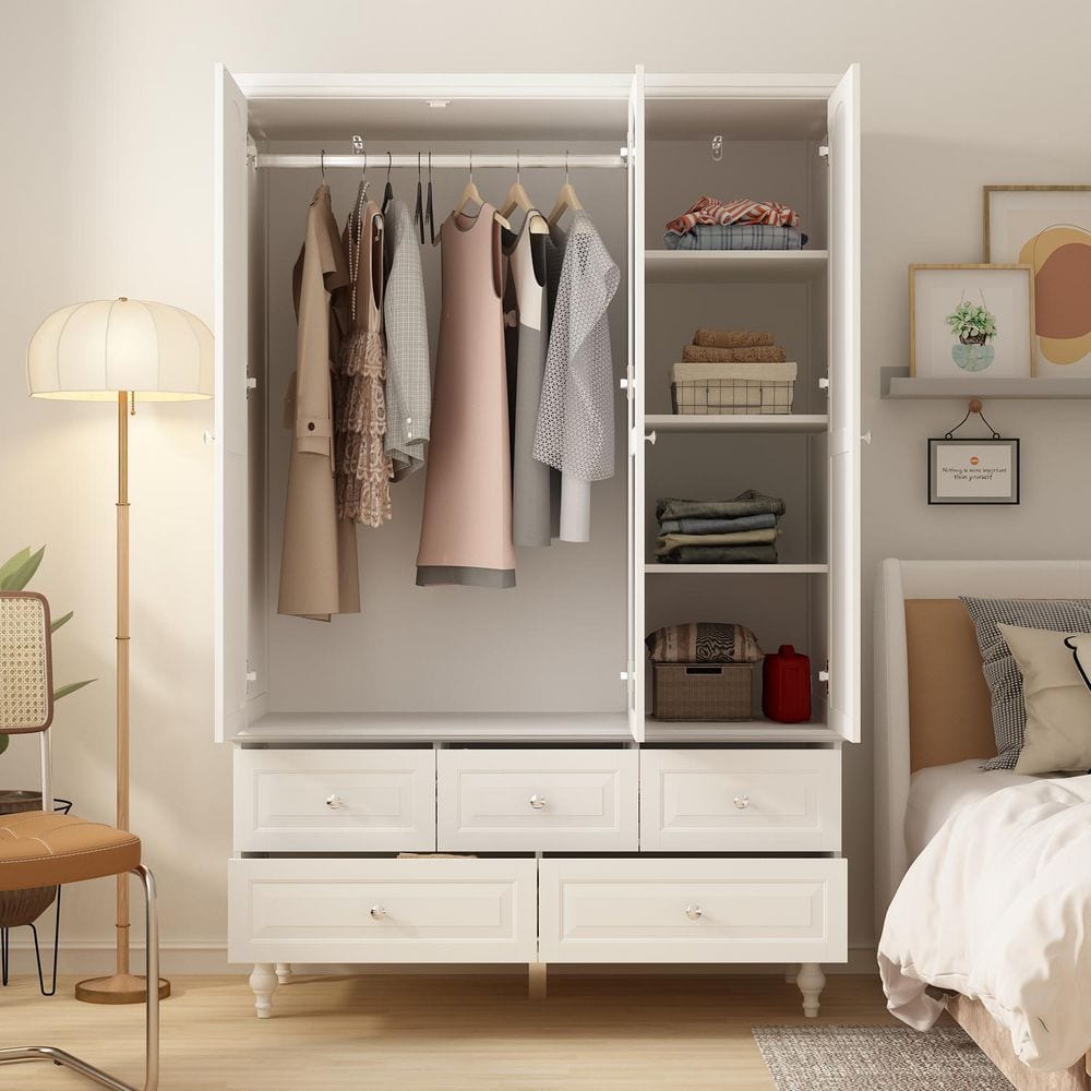 White Paint Big Wardrobe Armoires W/Mirror, Hanging Rod, Drawers, Adjustable Shelves 70.9 in. H x 47.2 in. W x 20 in. D - thumbnail 2
