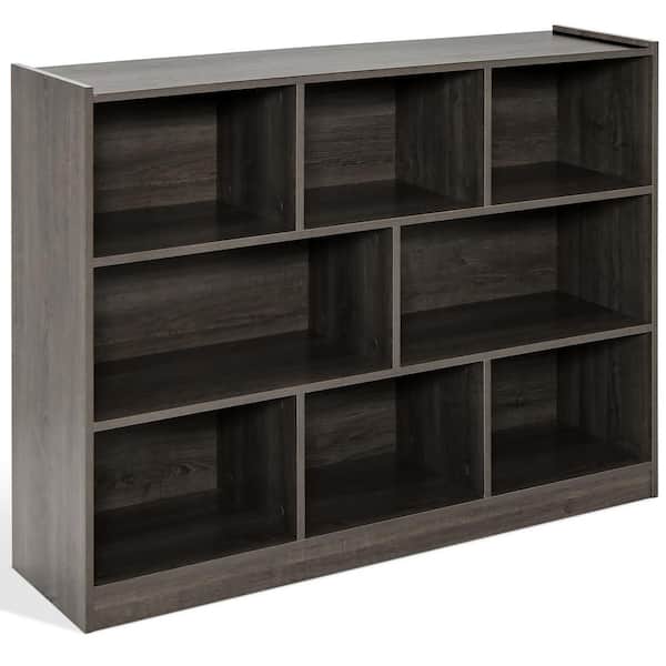 Costway 3-Tier Open 12.5 in. Wide Grey 8-Cube Bookshelf Storage Display Cabinet French Oak Bookcase