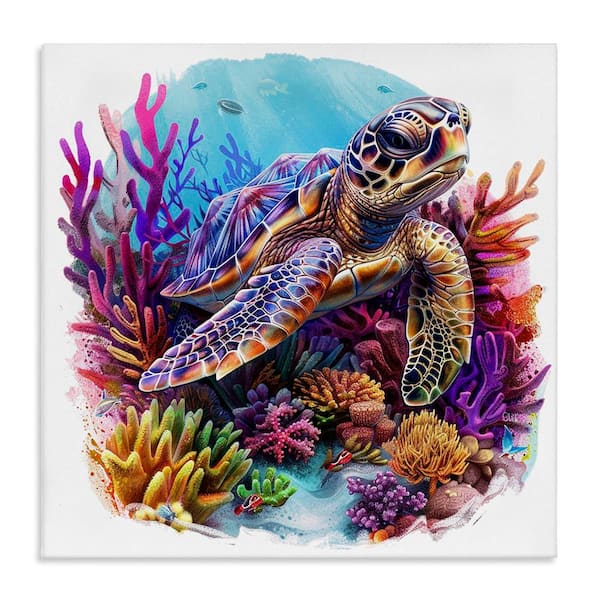 Stupell Industries Turtle and Purple Coral by LSR Design Studio Unframed Animal Graphic Art Print 30 in. x 30 in.