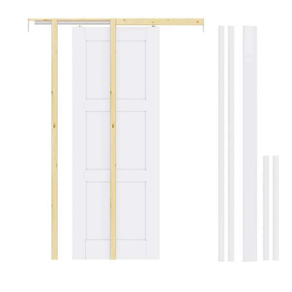 32 in. x 80 in. White Primed 3-Lite Solid Core Wood Sliding Pocket Door with Pocket Door Frame, Jamb and Hardware Kit