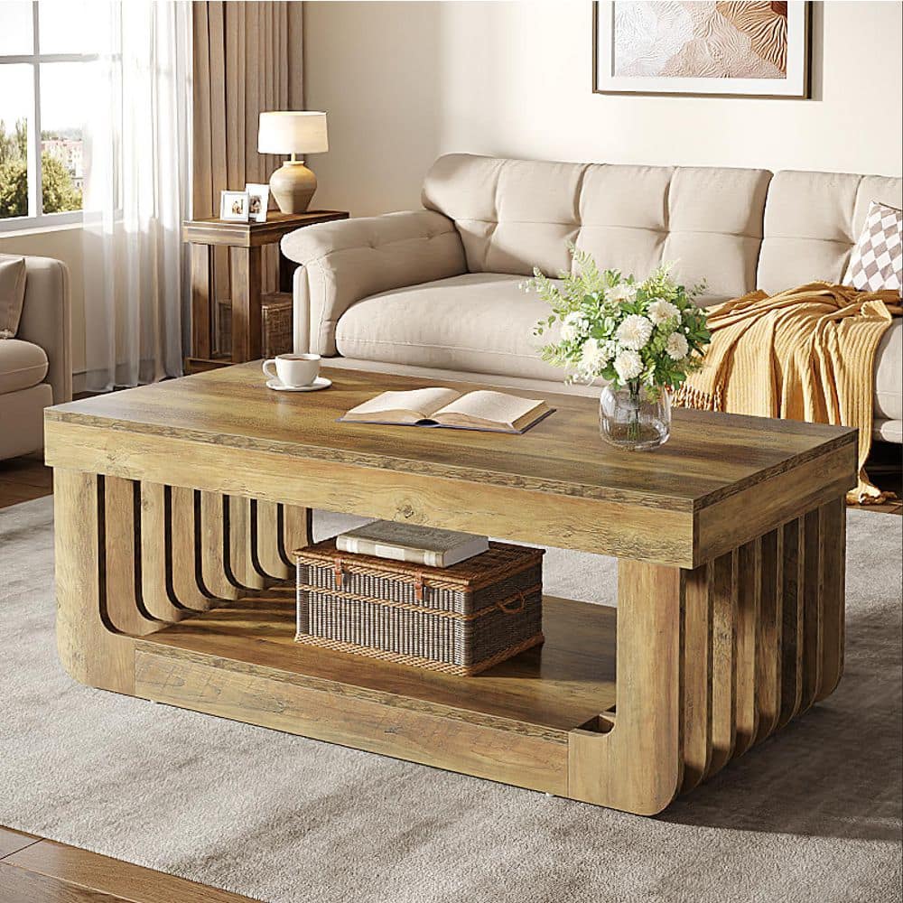 Allan 47 in. Rustic Brown Rectangle Wood Small Coffee Table with Storage, Farmhouse Tea Table Home Living Room Office