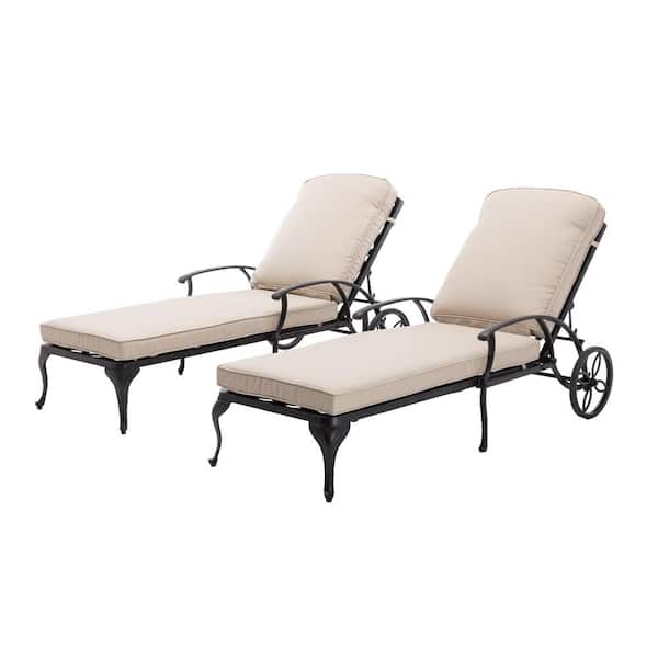 HOMEFUN Antique Bronze 2-Piece Aluminum Adjustable Reclining Outdoor Chaise Lounge with Beige Cushions