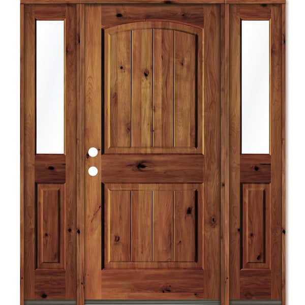 Krosswood Doors 70 in. x 80 in. Rustic Alder Arch Red Chestnut Stained Wood with V-Groove Right Hand Single Prehung Front Door
