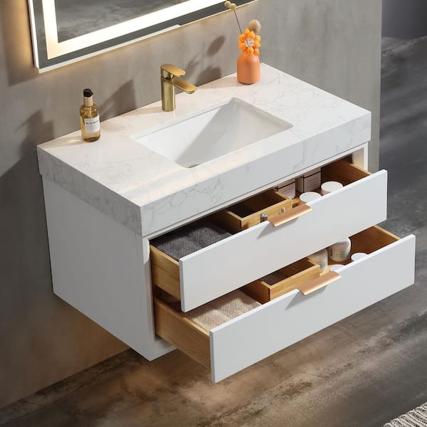 Wenlorin 36 in. Single Sink Floating White Bath Vanity with White Engineered Marble Top Pre-assembled