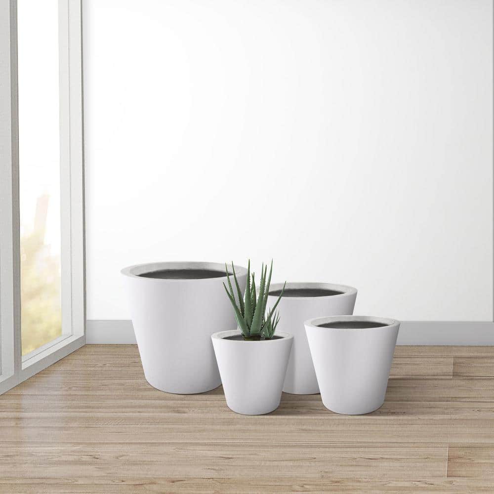 Set of 4 Pure White Lightweight Concrete Cylindrical Planters