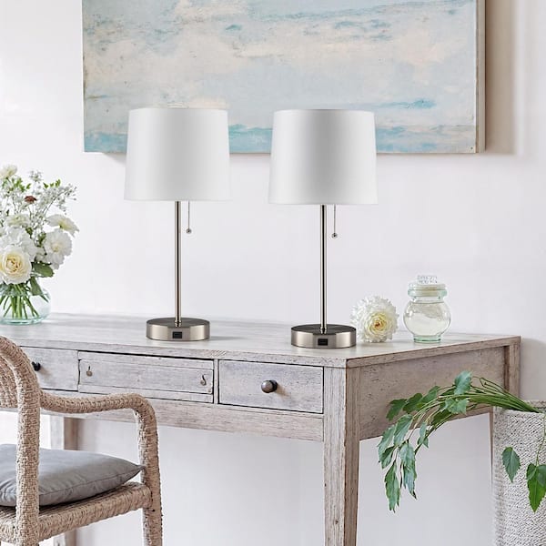 21 in. Brushed Nickel Modern Metal Table Lamp with White Fabric Shade with 2A USB Port (Set of 2)