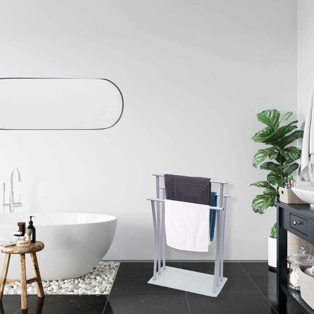 White Metal Freestanding Towel Rack with Glass Base