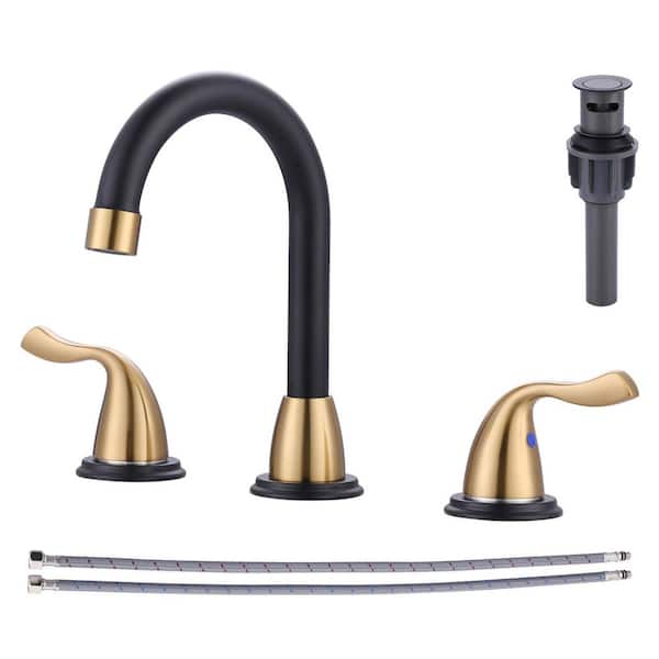 8 in. Widespread 2-Handle Bathroom Faucet with Pop-up Drain 3-Hole 360° Rotation Sink Faucet in Black and Gold