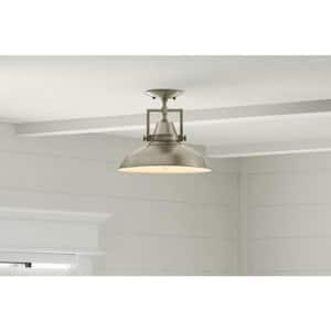 Wilhelm 12 in. 1-Light Brushed Steel Industrial Farmhouse Semi-Flush Mount Ceiling Light Fixture with Metal Shade