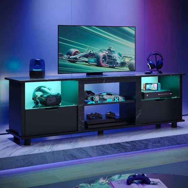 70 in. TV Stand for 70 inch TV, Media console for PS5, LED Entertainment Center with Storage Drawers Black Marble