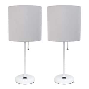 19.5 in Grey and White Stick Lamp with Charging Outlet and Fabric Shade