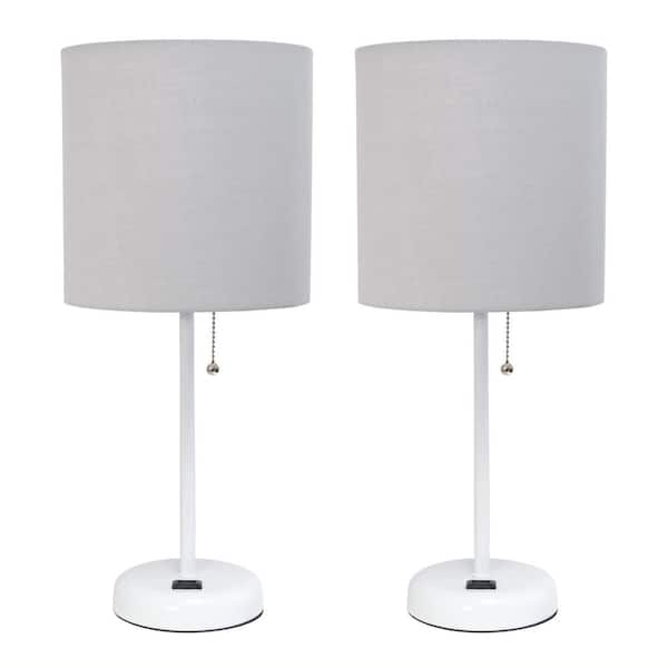 Simple Designs 19.5 in Grey and White Stick Lamp with Charging Outlet and Fabric Shade