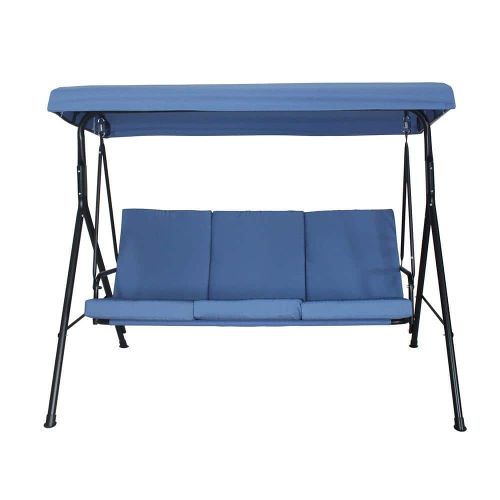 Home Beyond 76 in. 3Person Black Metal Patio Swing with Blue Cushions