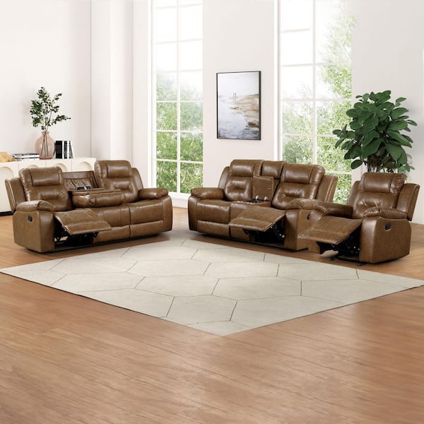 Salisbur 3-Piece Brown Faux Leather Upholstered Reclined Living Room Set with Pillow Top Arms, USB Chargers and Console