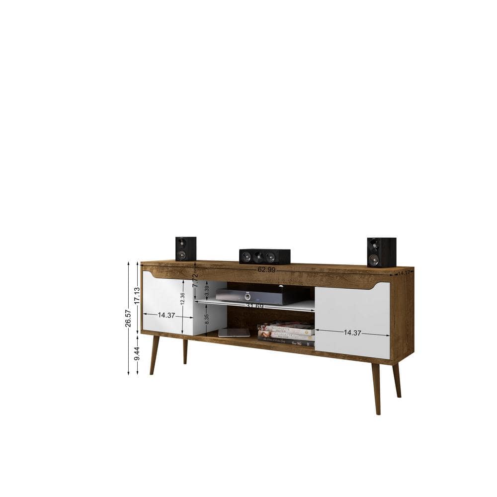 Rustic Brown and White Solid Wood 63" TV Stand with Cabinet Storage