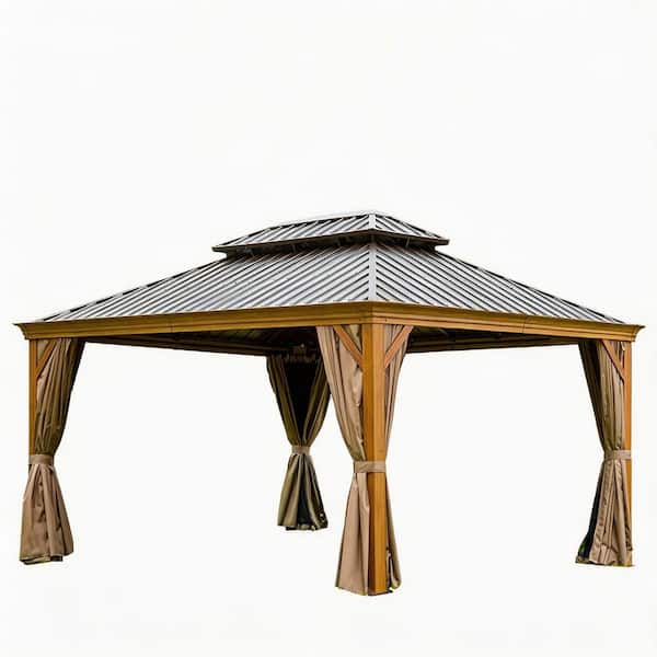 12 ft. x 16 ft. Yellow Brown Aluminum Hardtop Gazebo with Galvanized Steel Double Roof and Wood Grain Finish for Patio