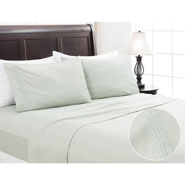 3-Piece Sage Pearl Solid Color Embroidered Microfiber Bedsheets Set, Twin