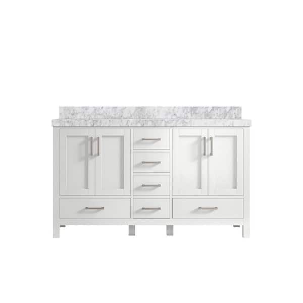 Willow Collections Malibu 60 in. W x 22 in. D x 36 in. H Double Sink Bath Vanity in White with 2 in. Carrara Marble Vanity Top